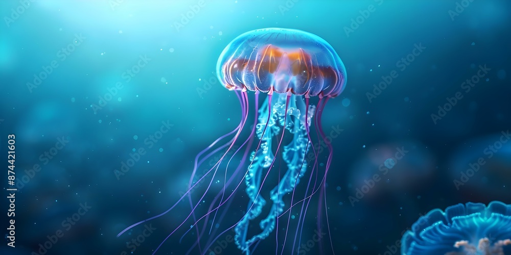 Obraz premium Discover the beauty of luminous jellyfish with graceful tentacles in the shimmering ocean. Concept Underwater Photography, Marine Life, Bioluminescence, Ocean Ecosystems, Jellyfish Wildlife