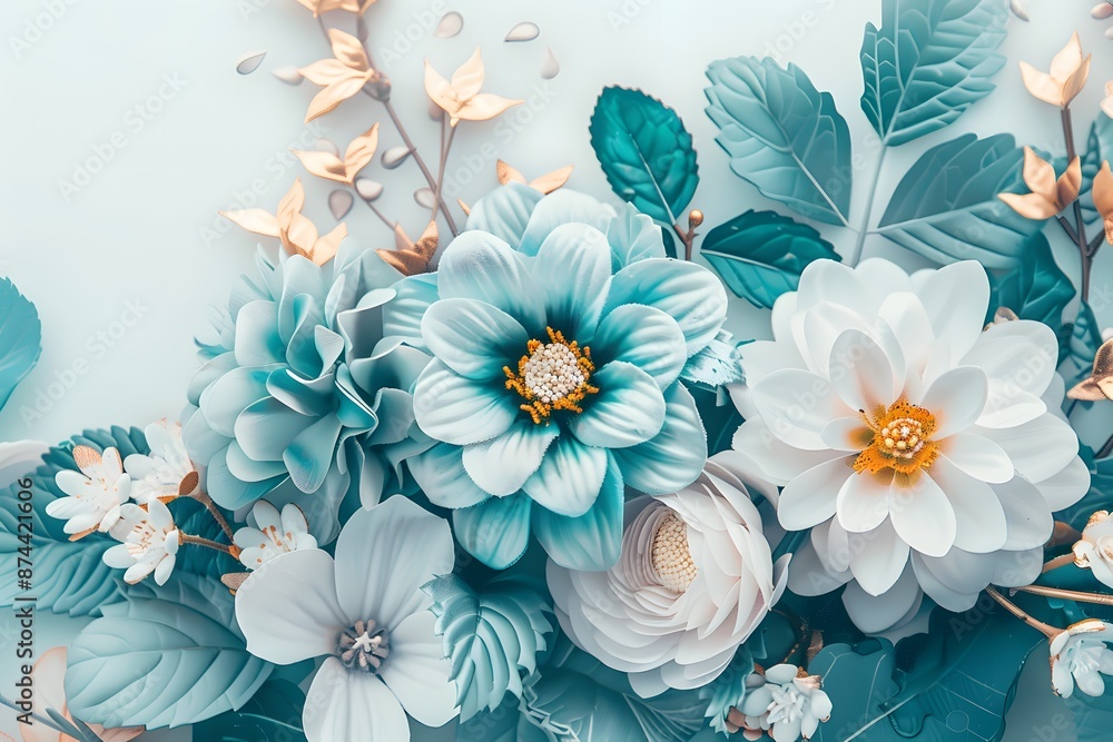 Luxurious pastel floral arrangement with teal and white paper flowers on a light background. Luxurious pastel floral arrangement with teal and white paper flowers on a light background.