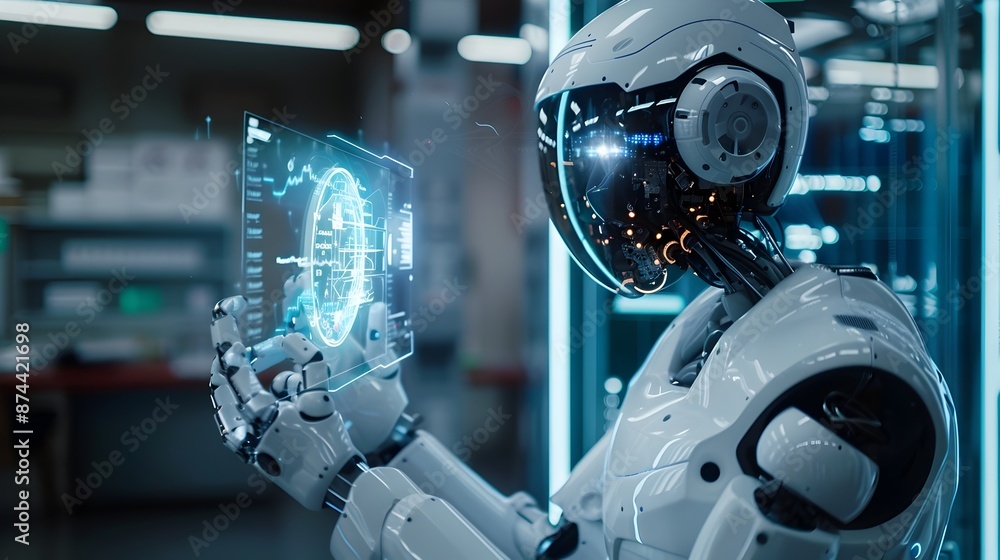 Futuristic Intelligence Robot Interacting with Holographic Interface in Sci Fi Environment Futuristic Intelligence Robot Interacting with Holographic Interface in Sci Fi Environment