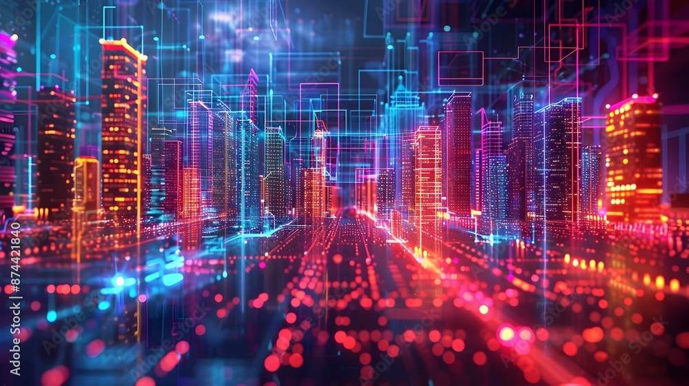 Fototapeta premium Glowing Neon Metropolis Futuristic City Skyline with Technological Innovations