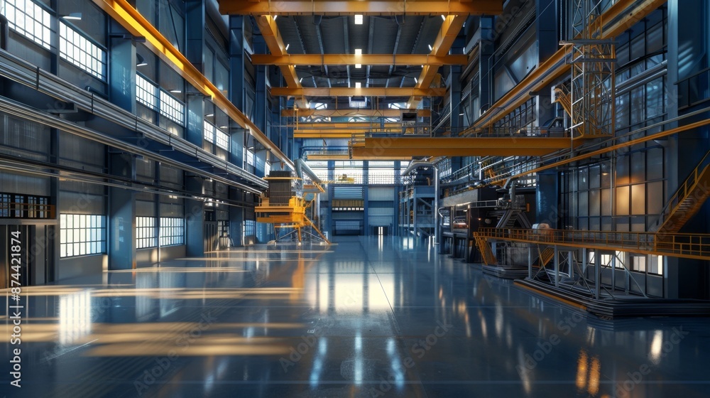 Impressive interior of a vast industrial facility with prominent steel structures, showcasing the scale and modernity of modern manufacturing. Generative Ai Impressive interior of a vast industrial facility with prominent steel structures, showcasing the scale and modernity of modern manufacturing. Generative Ai