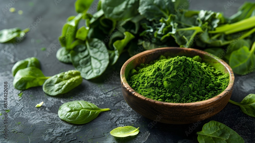 Nutrient Dense Superfood Powder in Wooden Bowl and Fresh Greens Nutrient Dense Superfood Powder in Wooden Bowl and Fresh Greens