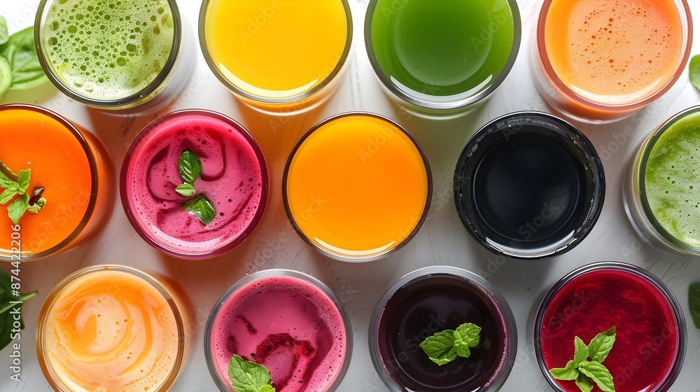 Variety of Colorful Fruit and Vegetable Smoothies in Glasses for a Healthy Lifestyle Variety of Colorful Fruit and Vegetable Smoothies in Glasses for a Healthy Lifestyle