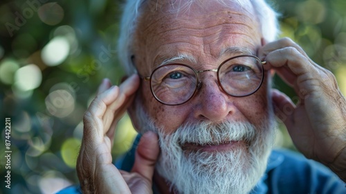 Mature male proudly displaying his customdesigned silicone earplugs for noise suppression. photo