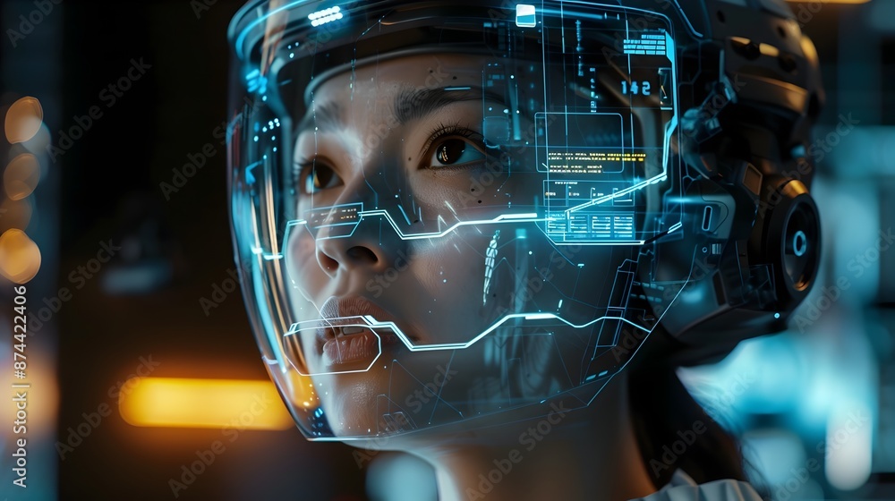 Woman Wearing High Tech Augmented Reality Head Mounted Display Exploring Digital Interface Woman Wearing High Tech Augmented Reality Head Mounted Display Exploring Digital Interface