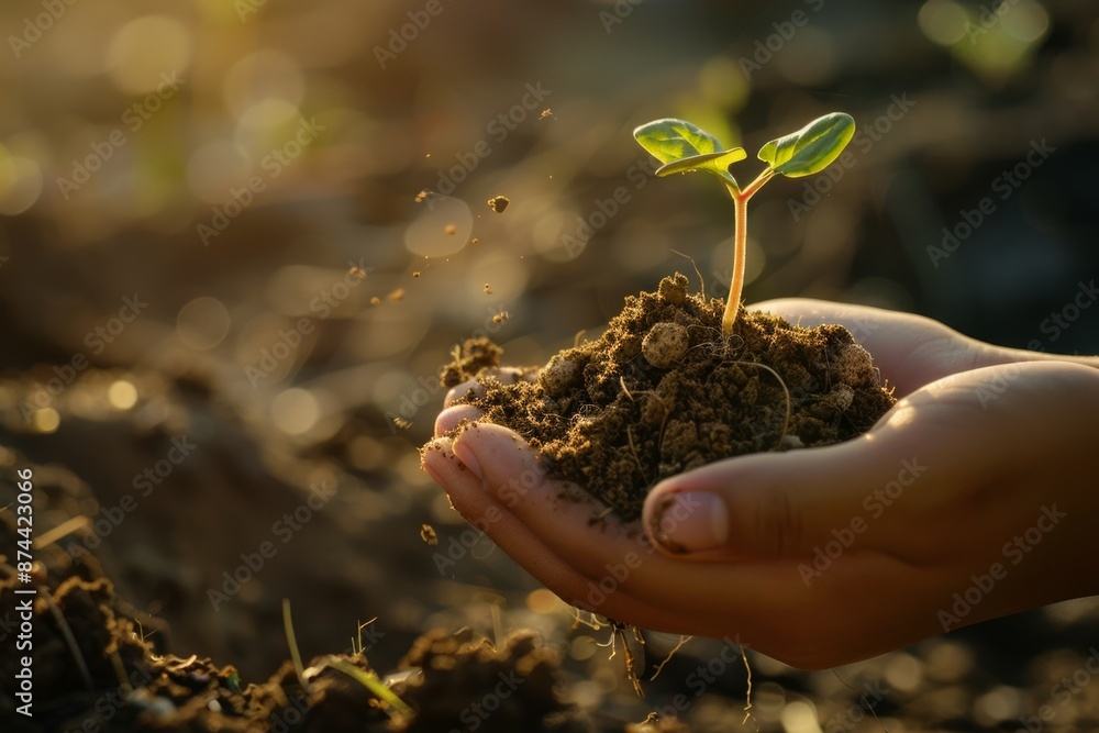 Fototapeta premium Child's hands holding soil with a sprouting plant, symbolizing care and growth