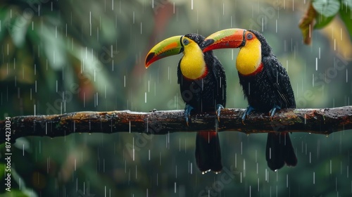 Rain-drenched toucan duo perched intimately on a branch, captured in wildlife photography.