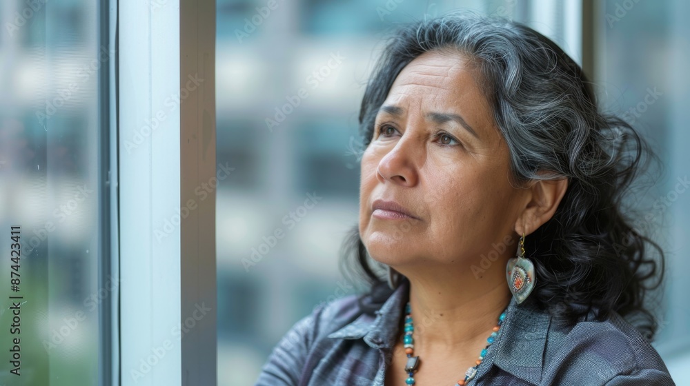Smiling latina professional in formal wear looking out an office window with copy space. Smiling latina professional in formal wear looking out an office window with copy space.
