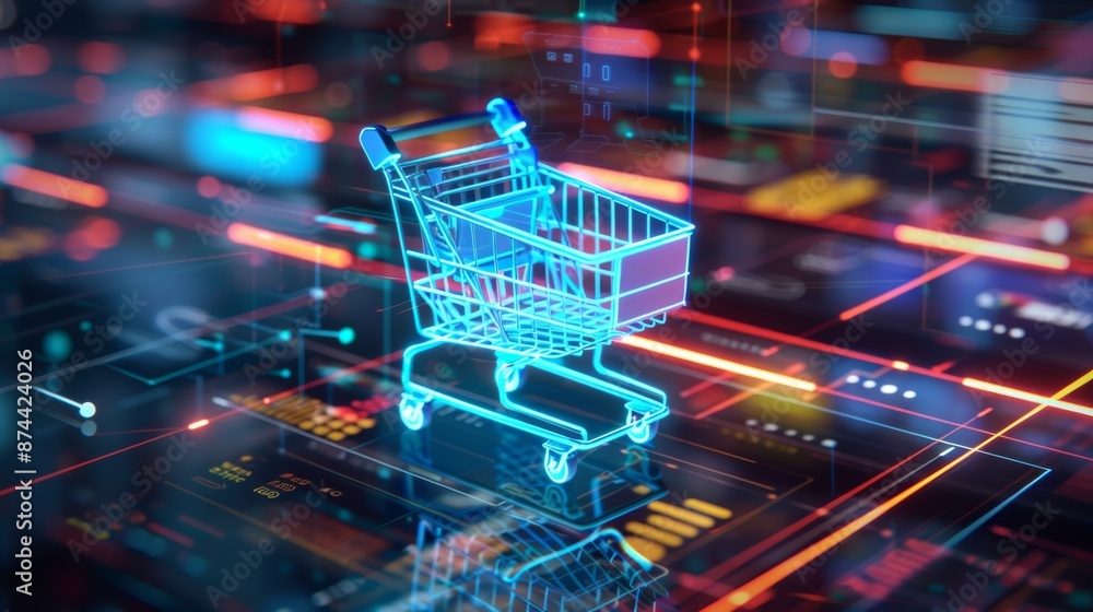 Futuristic e-commerce concept, Shopping cart on technology dynamic digital board. Futuristic e-commerce concept, Shopping cart on technology dynamic digital board.