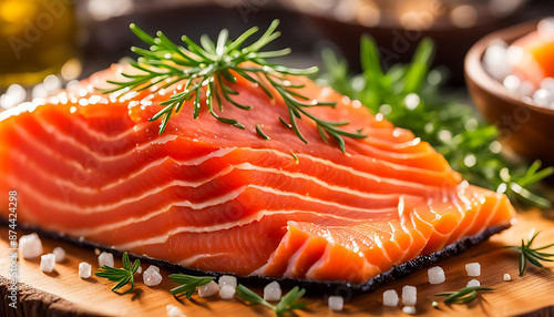 Lachs Filet Stücken mit Pfeffer Dill Zitrone Salz auf Holzbrett frisch zubereitet in Nahaufnahme, köstlich leckerer Fisch Zubereitung für braten grillen gesunde Mahlzeit fettreiche köstliche Proteine  photo