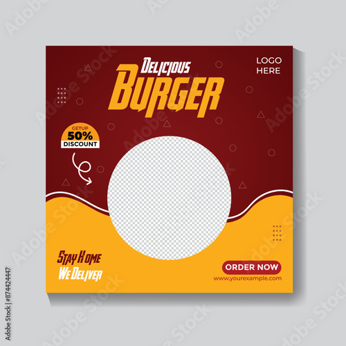 Food burger and delicious French fries social media marketing banner post.
