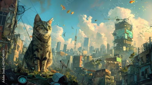 Majestic Cat Overlooking Futuristic Urban Landscape with Skyscrapers and Flying Fish