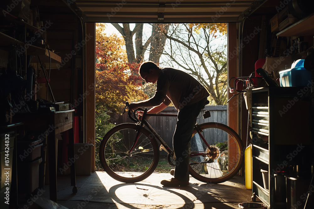Obraz premium Silhouette of Man Tuning Bicycle in Sunlit Garage with Autumn Trees Outside