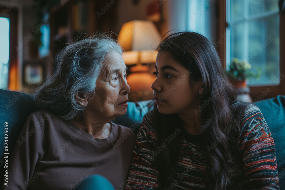 Naklejka premium MultiGenerational Connection Young Girl and Elderly Woman Sharing a Moment on Cozy Couch