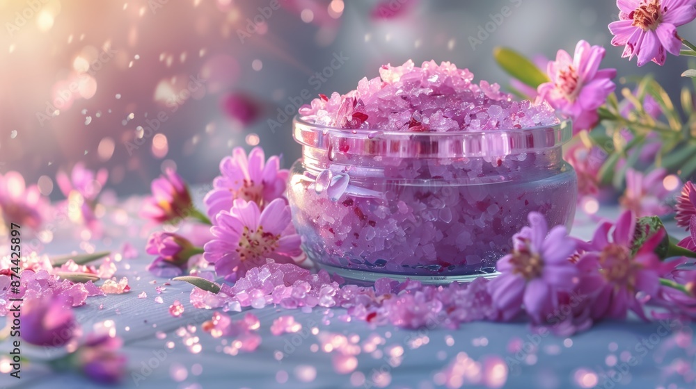 Jar filled with pink bath salts surrounded by pink flowers on a wooden table in a soft light atmosphere. Spa products, natural wellness, aromatherapy, beauty treatment, relaxation, selfcare concept. Jar filled with pink bath salts surrounded by pink flowers on a wooden table in a soft light atmosphere. Spa products, natural wellness, aromatherapy, beauty treatment, relaxation, selfcare concept.