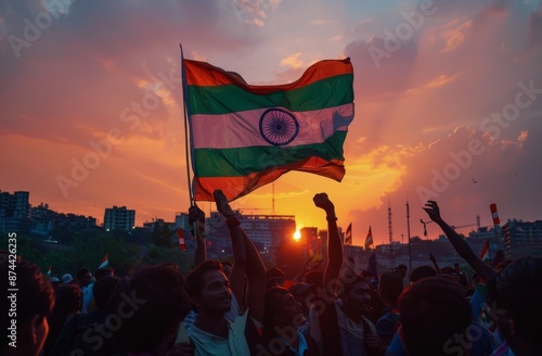 Indian Flag Waving at Sunset During Celebration in City