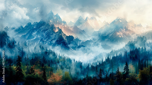 Fantastic landscapes: mountain idylls in watercolor style photo