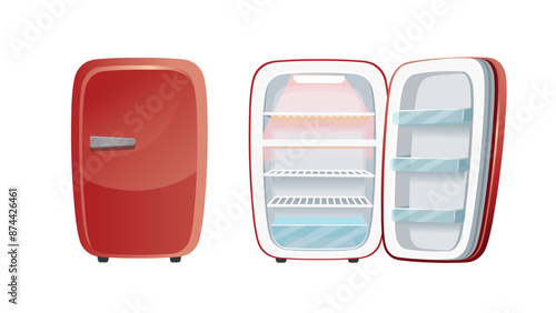 Fridge. Set of retro refrigerators for animation, closed and open empty refrigerators. Cartoon stroke.