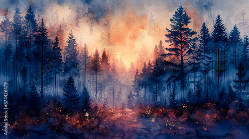 Mystical forests: trees in delicate watercolor colors