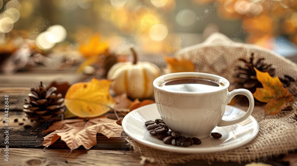 Fall Coffee Cup on Rustic Wooden Table With Autumn Leaves and Pine Cones Fall Coffee Cup on Rustic Wooden Table With Autumn Leaves and Pine Cones