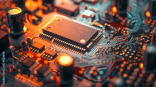 Close-up angled shot of miniaturized components on a printed circuit board photo