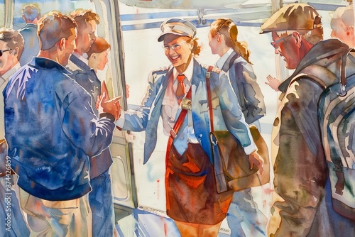a watercolor painting of a flight attendant greeting passengers at the boarding gate photo