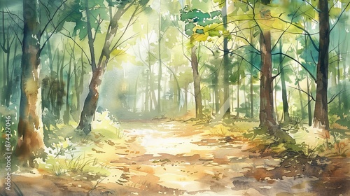 Watercolor Painting of a Forest Path photo