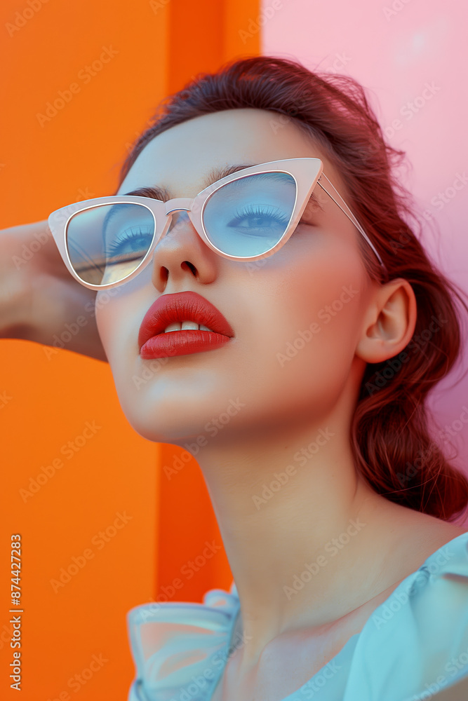 Stylish Woman Wearing Trendy Sunglasses with Colorful Background Stylish Woman Wearing Trendy Sunglasses with Colorful Background