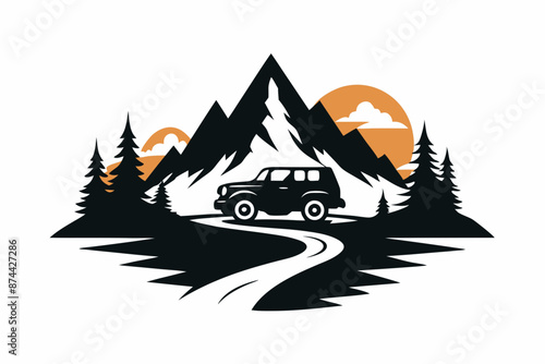 An off-road car conquering flanked by pine trees, with a majestic mountain and flowing river isolated on a white background 