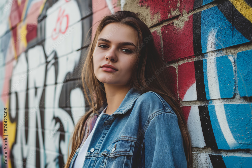 Young Woman in Denim Jacket Posing Against Colorful Graffiti Wall Young Woman in Denim Jacket Posing Against Colorful Graffiti Wall