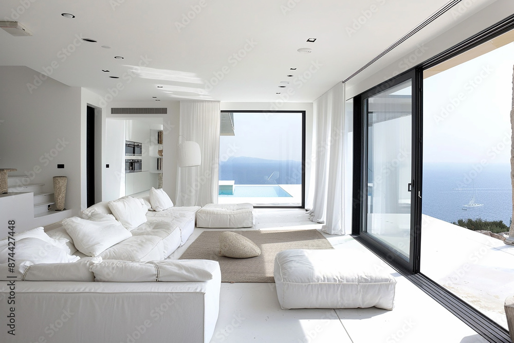 A bright, open living room with white furniture and large windows offering a stunning ocean view. The space is filled with natural light and a minimalist design. A bright, open living room with white furniture and large windows offering a stunning ocean view. The space is filled with natural light and a minimalist design.