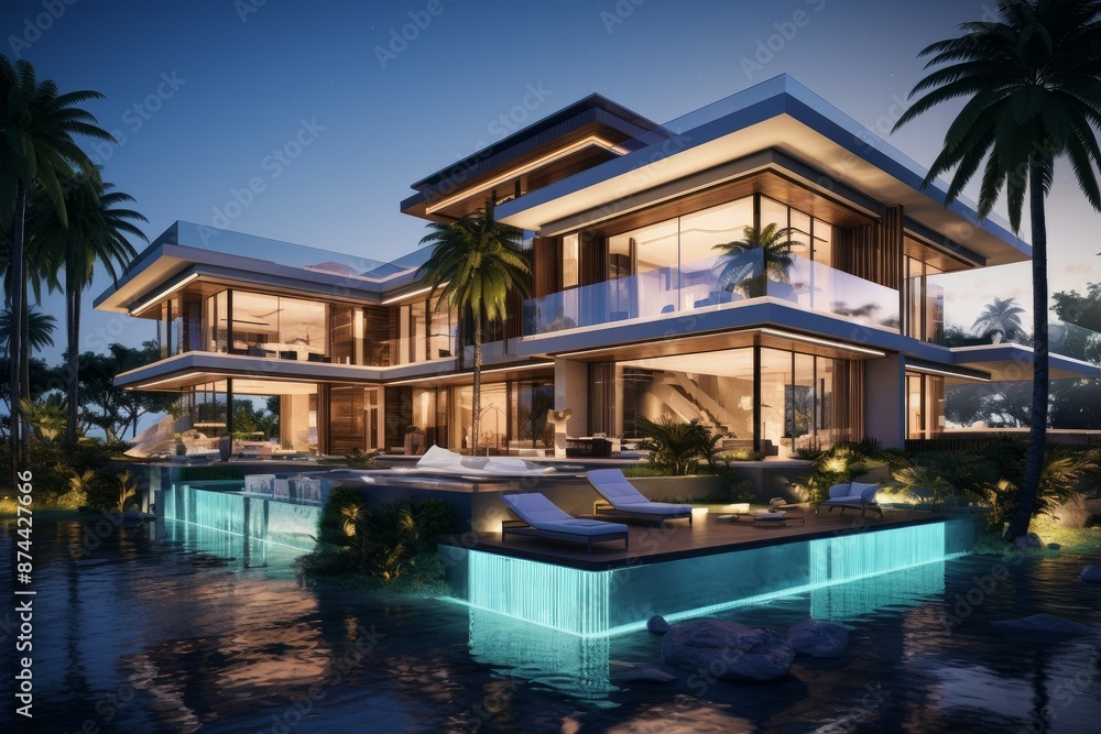 Modern villa with glowing lights reflects over a tranquil pool as dusk settles in Modern villa with glowing lights reflects over a tranquil pool as dusk settles in