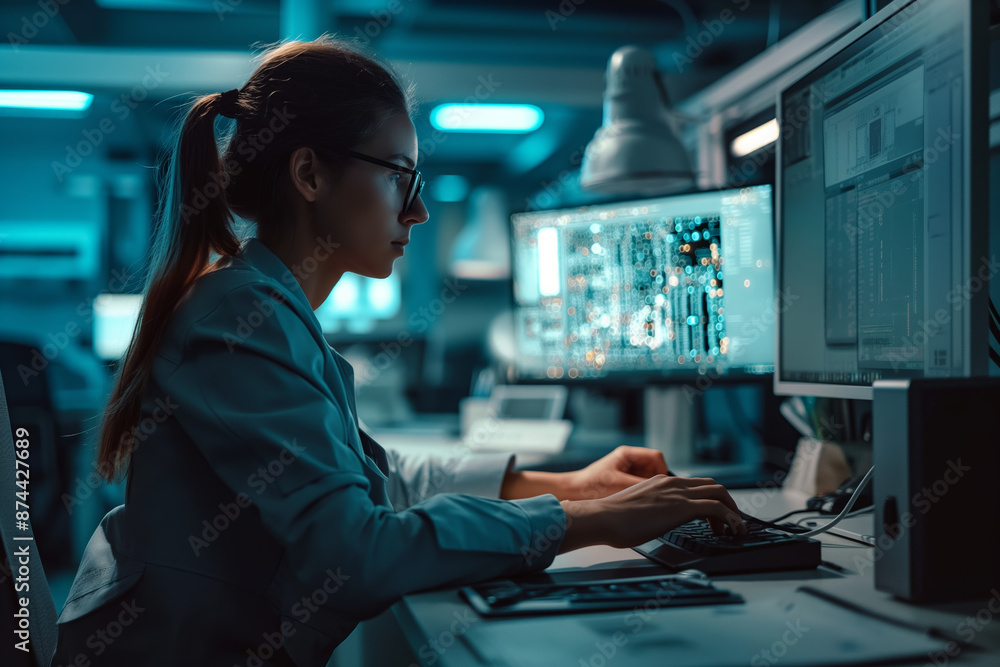 Focused Female Engineer Working Late in Modern Tech Office with Multiple Computer Screens Focused Female Engineer Working Late in Modern Tech Office with Multiple Computer Screens
