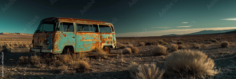 Abandoned Rusty Van in Desert Landscape at Sunrise with Dry Brush Abandoned Rusty Van in Desert Landscape at Sunrise with Dry Brush