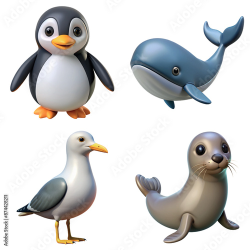 Collection of cute arctic animals including penguin, blue whale, seagull bird and seal