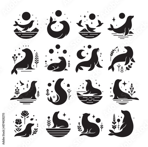 Seal set of silhouettes vector