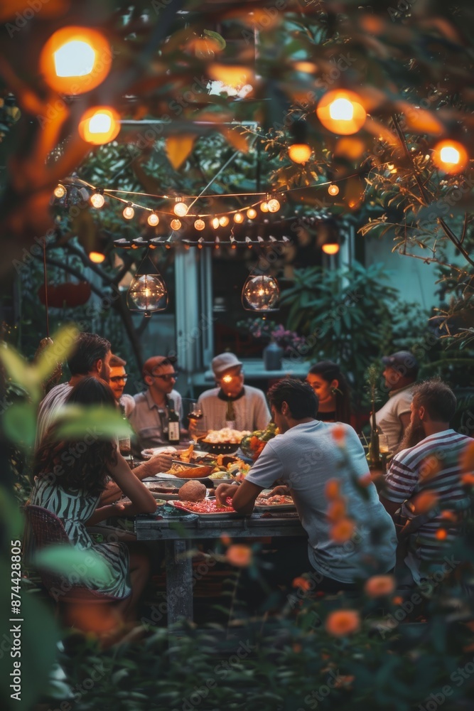 Vibrant Backyard Barbecue Gathering with String Lights and Mosquito Protection Vibrant Backyard Barbecue Gathering with String Lights and Mosquito Protection