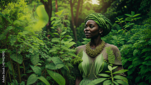 araffe woman in green dress and head scarf standing in the woods photo