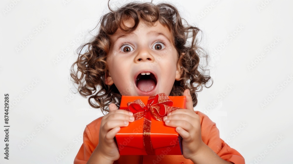 Child's joyful surprise with gift box Child's joyful surprise with gift box