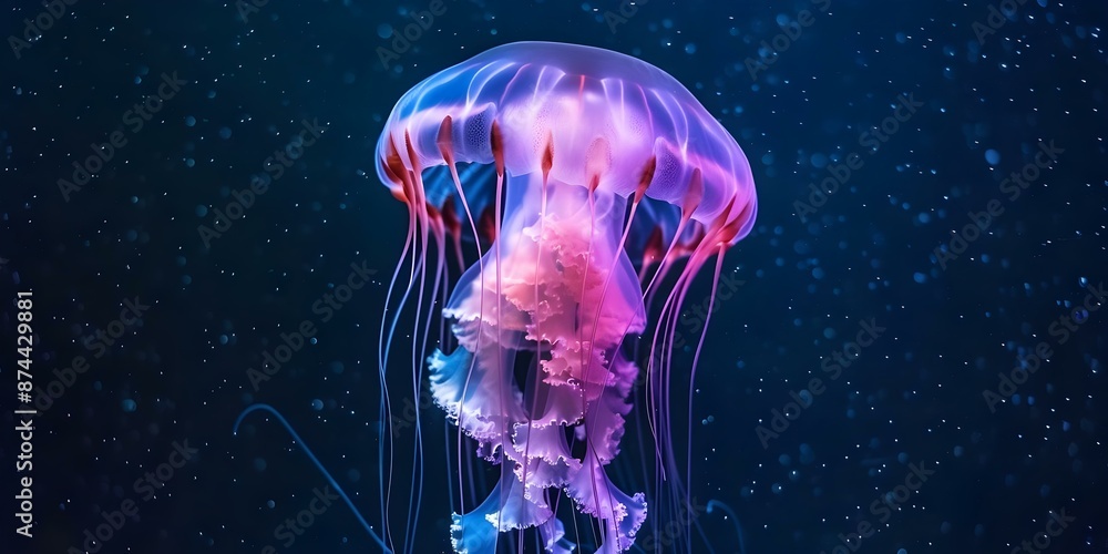 Naklejka premium Jellyfish Painting Under a Starry Sky Stars in the Corner. Concept Starry Sky Painting, Jellyfish Art, Cosmic Art, Underwater Scene, Astral Decor