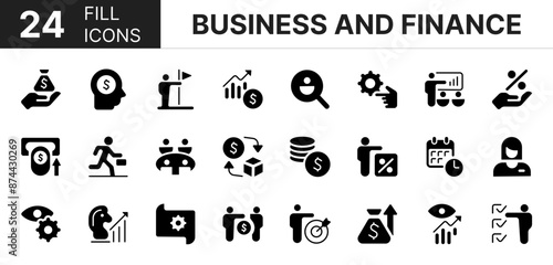 Collection of 24 business and finance fill icons featuring editable strokes. These outline icons depict various modes of business and finance, business, finance, money, bank, vector, icon, set, 