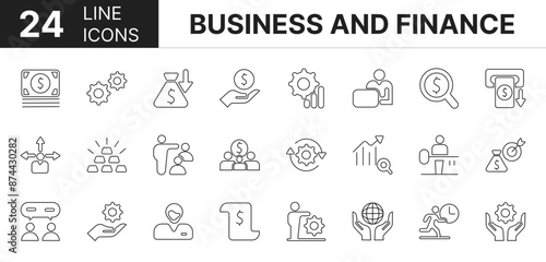 Collection of 24 business and finance line icons featuring editable strokes. These outline icons depict various modes of business and finance, business, finance, money, bank, vector, icon, set, 