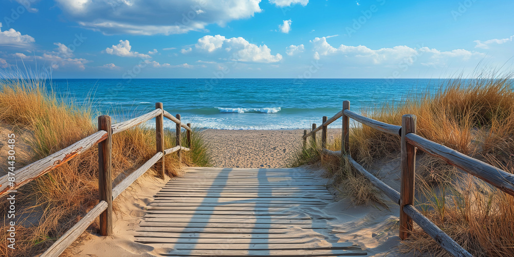 Fototapeta premium A wooden boardwalk leading to a serene and empty beach 