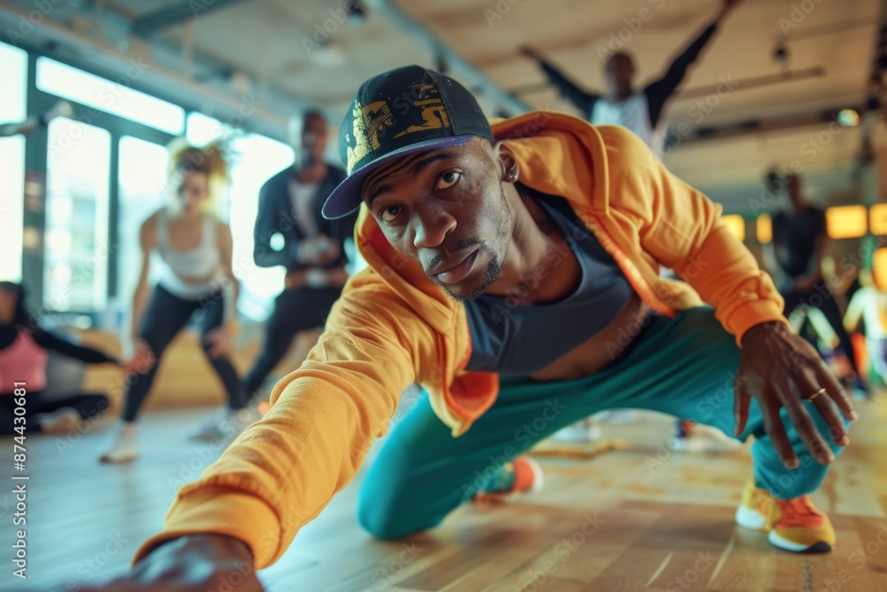Fototapeta premium Energetic Breakdancer Leading Warm-Up Session in Dynamic Fitness Class Setting