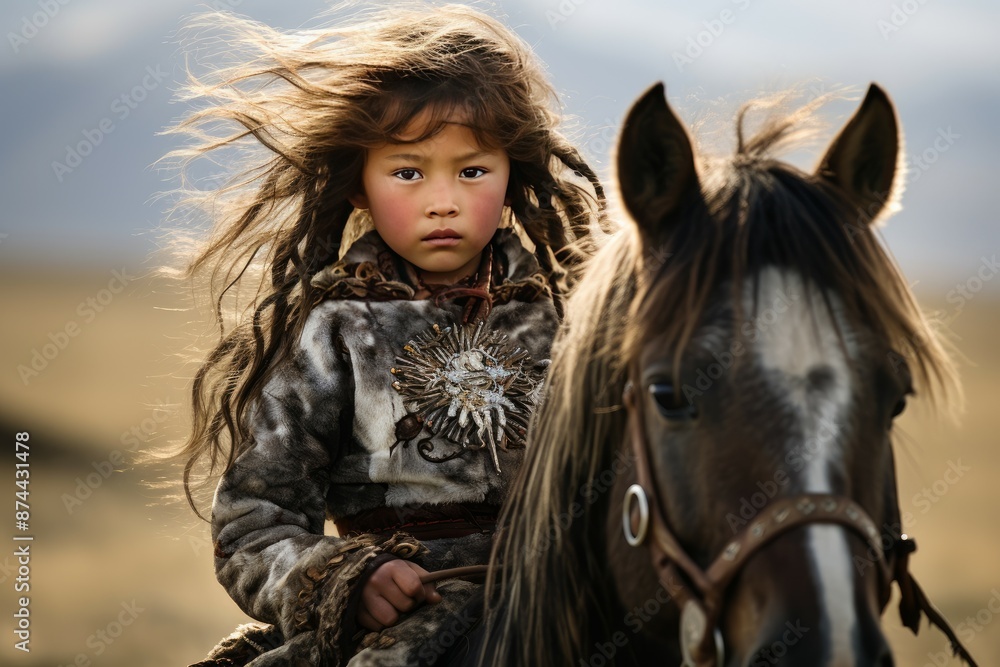 Obraz premium Portrait of a young child in traditional mongolian clothing riding a horse in a natural setting