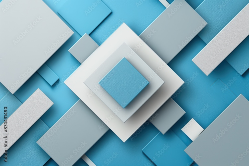 Geometric abstract background with layered squares and rectangles in blue, gray, and white tones. Geometric abstract background with layered squares and rectangles in blue, gray, and white tones.