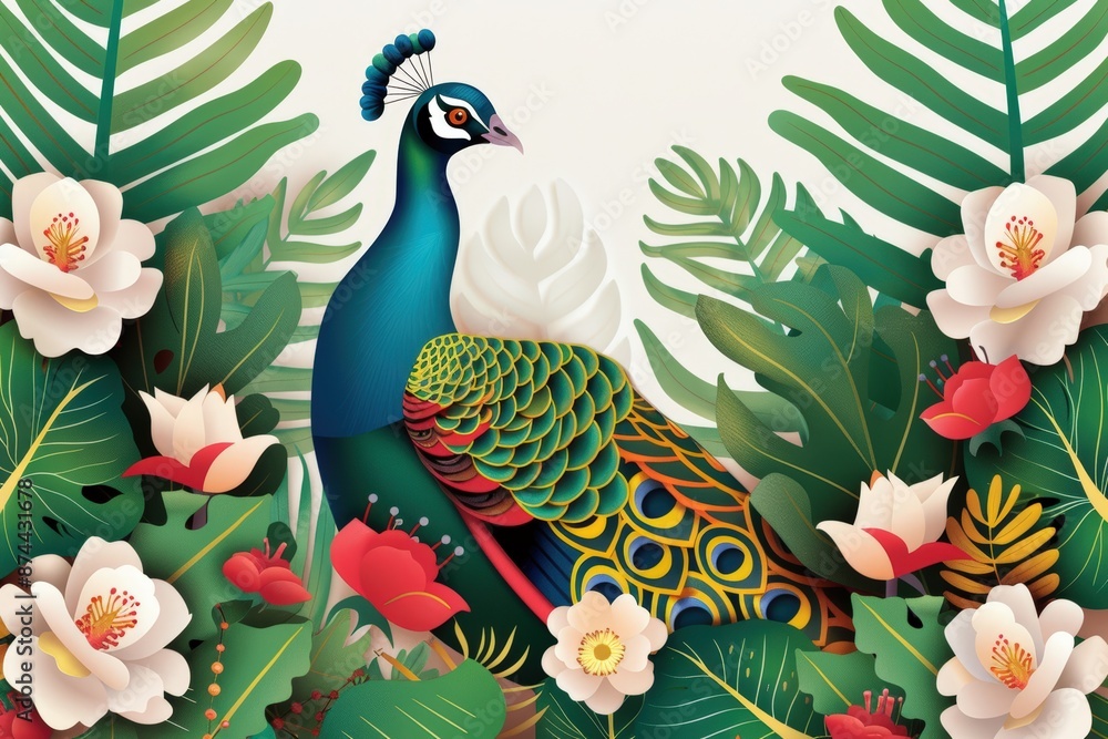 Naklejka premium A vibrant peacock surrounded by lush tropical foliage and blooming flowers.
