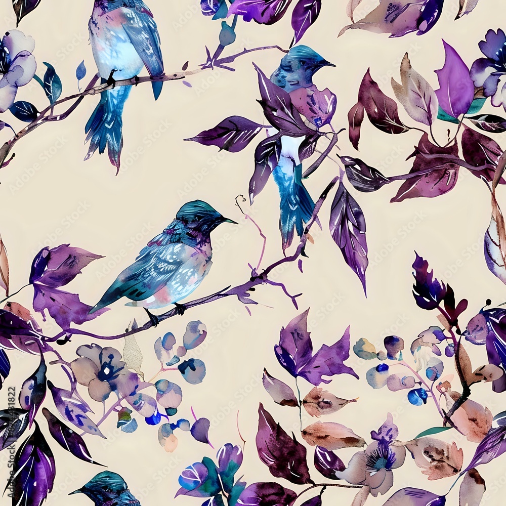 Fototapeta premium Peaceful Watercolor Pattern with Blue Bird and Flowers