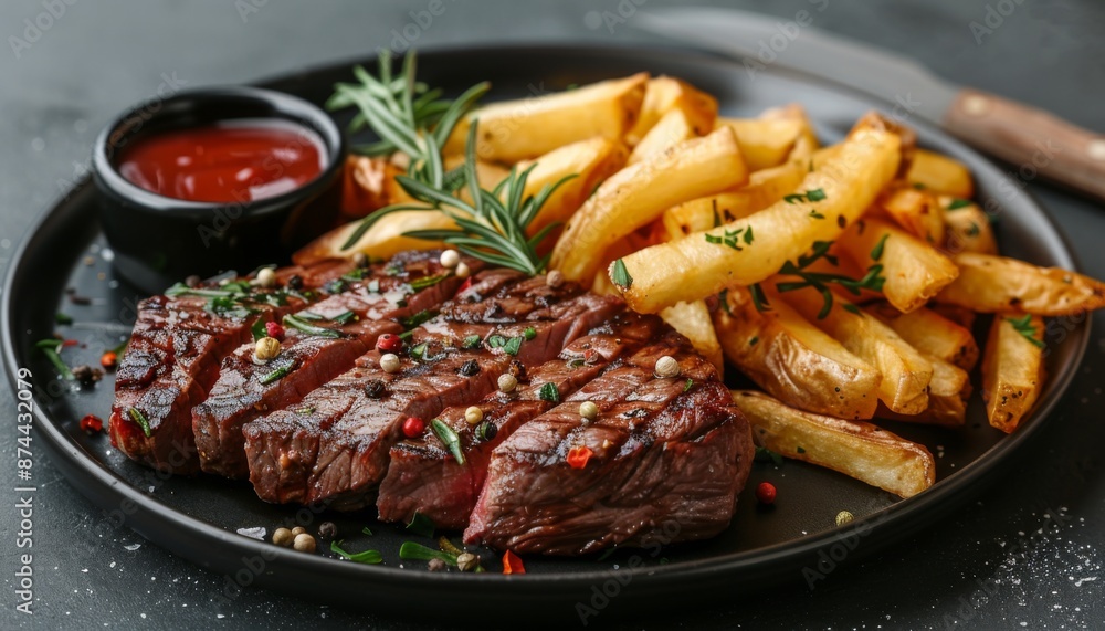 Beef Steak medium rare with French fries on a black plate on grey table background, copy space Beef Steak medium rare with French fries on a black plate on grey table background, copy space
