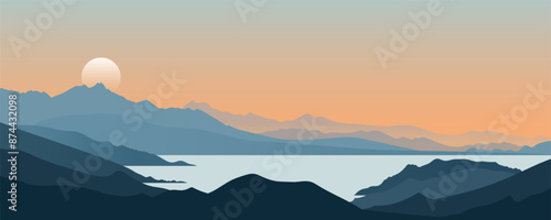 Beautiful mountain landscape at sunset or dawn overlooking the lake. Stunning misty landscape of mountains and bay with amazing sunset. Wonderful panoramic landscape of nature. Vector illustration.